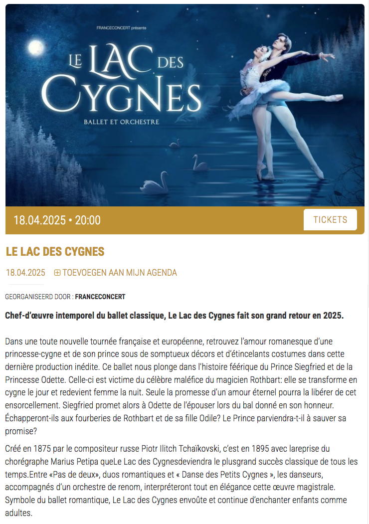 Page Internet. Cirque Royal. Le Lac des Cygnes Ballet & Orchestre fait son grand retour en 2025. Présenté par FranceConcert. 2025-04-18